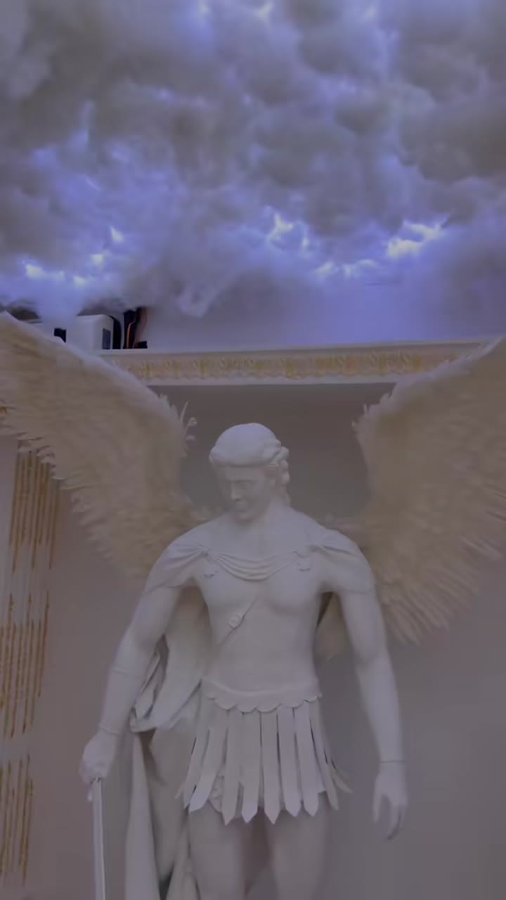 Estatua de un ángel con alas y bustos clásicos en Celestial